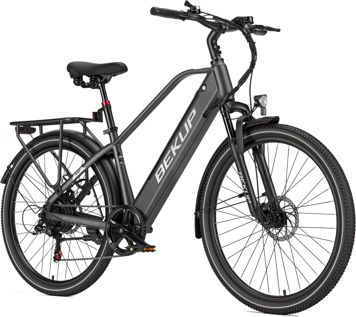 Elektrische stadsfiets - 26 inch frame met hoge instap - 36V 14,5Ah accu met lange actieradius - 250W achterwielmotor - 45Nm koppel - Shimano 7 versnellingen - Voor- en achter schijfremmen - LCD-display - Titaangrijs