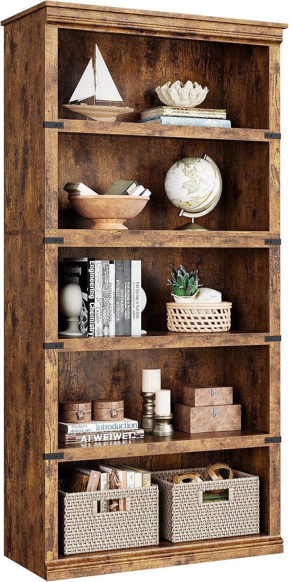 Smalle Boekenkast met 5 Vakken - Landelijke Vakkenkast - Houten Open Opbergkast - Boekenrek met Kroonlijst en Anti-omvalbeveiliging - Ruimtebesparend - 82x32x171 cm - bruin