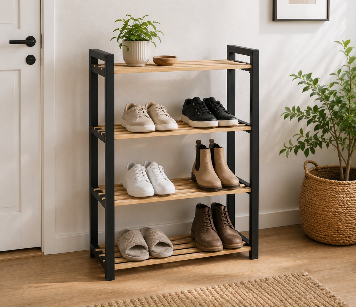 Schoenenrek - Schoenenkast - Schoenenrek 4 Laags - Opbergrek - Houten Leggers - 69 x 51 x 20 cm - Zwart/Naturel