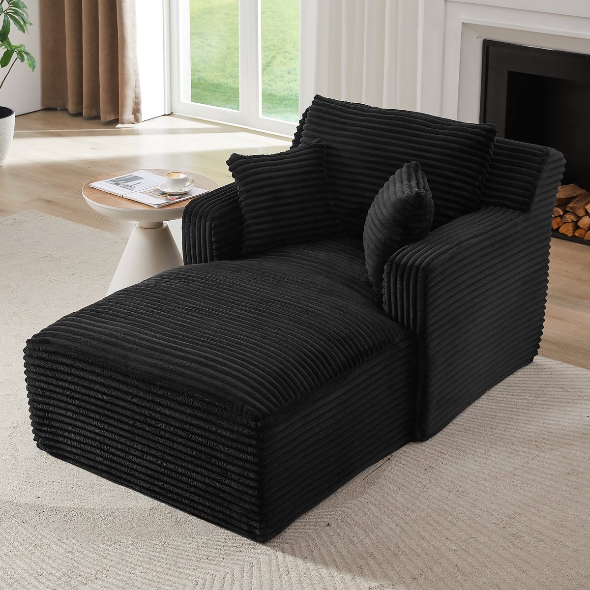 Intebiki Chaise longue - Fauteuil - Corduroy - Eenpersoonsbank - Met kussen - Geen montage nodig - Zwart