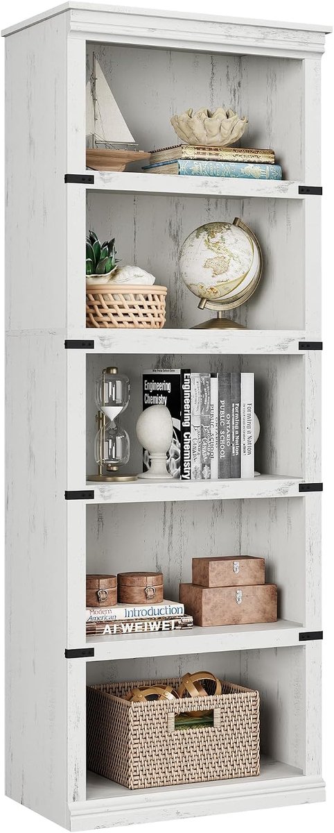 Smalle Boekenkast met 5 Vakken - Landelijke Vakkenkast - Houten Open Opbergkast - Boekenrek met Kroonlijst en Anti-omvalbeveiliging - Ruimtebesparend - 62x32x171 cm - Wit