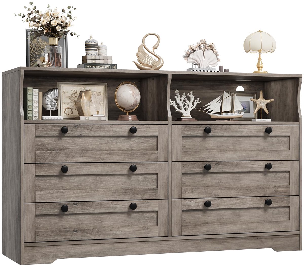 Moderne Ladekast met LED Verlichting en Stopcontacten – 6 Laden Dressoir 140 cm Breed, RGB Licht, USB Oplaadstation, MDF Houten Ladekommode, geschikt als TV Meubel voor Slaapkamer, Woonkamer – Antiek Wit