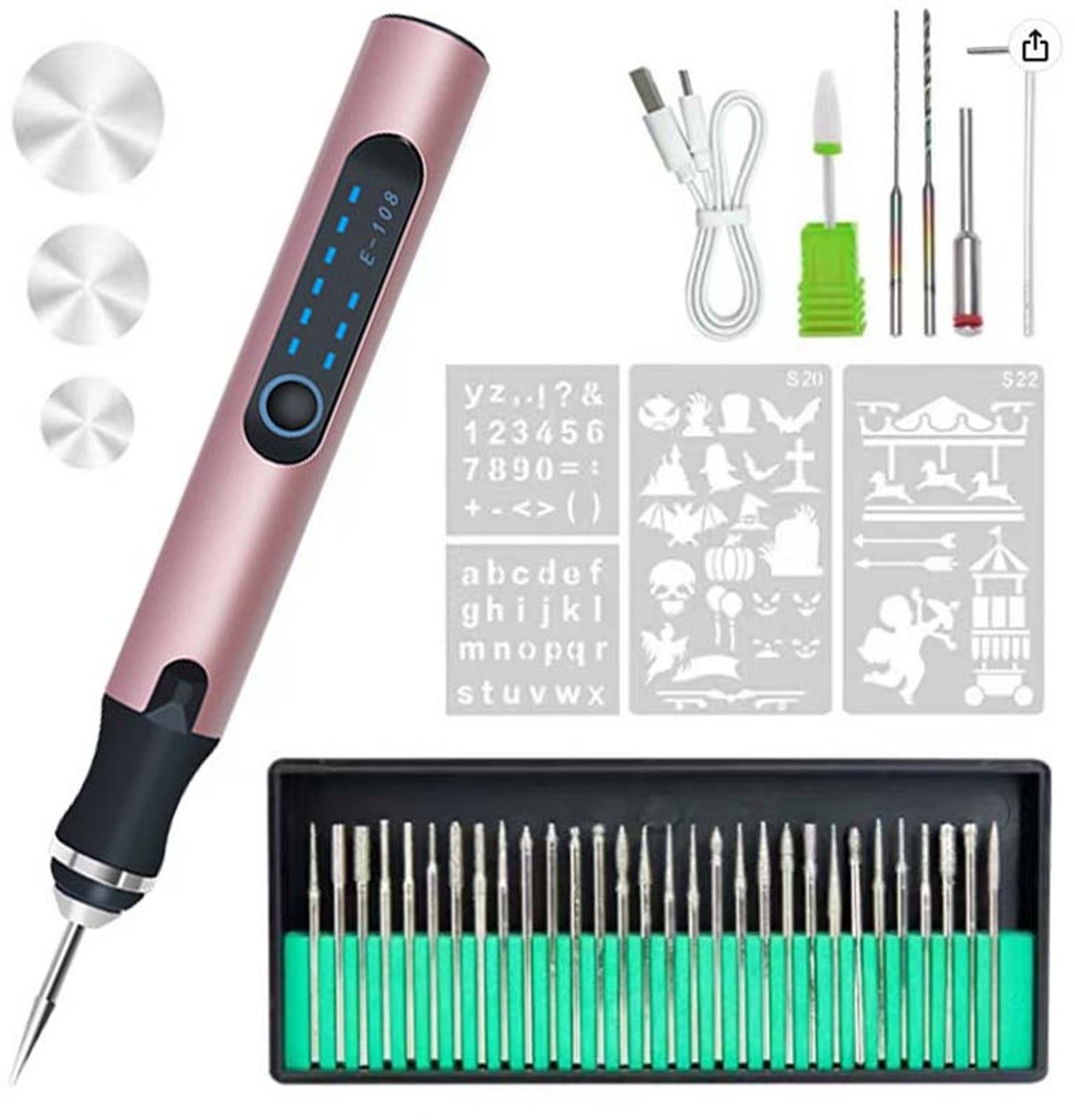 Elektrische Graveerpen - USB Oplaadbaar - 36 Bits - Verstelbare Snelheid Tot 18.000 rpm - Draagbaar Graveerapparaat voor Sieraden, Hout, Glas, Metaal - Roze-rood