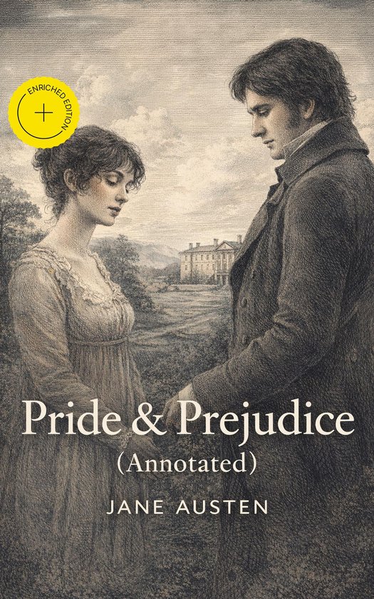 Boekomslag van Pride & Prejudice, met een stel in 19e-eeuwse kledij en een landhuis op de achtergrond. 'Enriched Edition' staat in een gele cirkel.