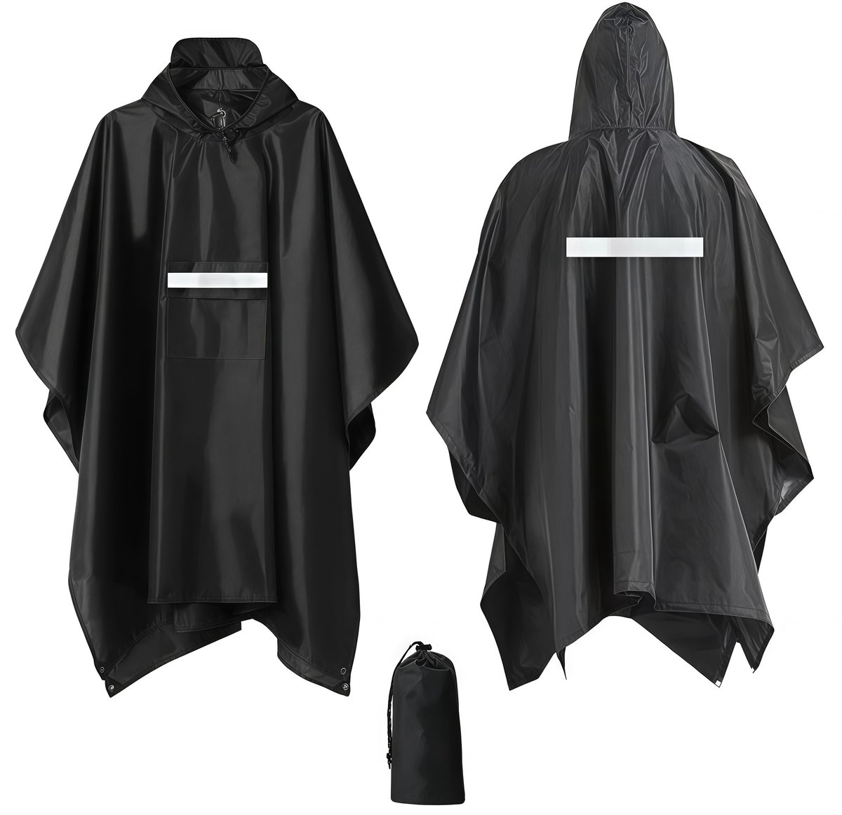 Waterdichte Kapuchon Regenponcho voor Volwassenen - Lichtgewicht Herbruikbare Regenjas - Draagbaar & Opvouwbaar - voor Wandelen, Kamperen, Reizen - Reflecterend - Zwart - 1 Stuk