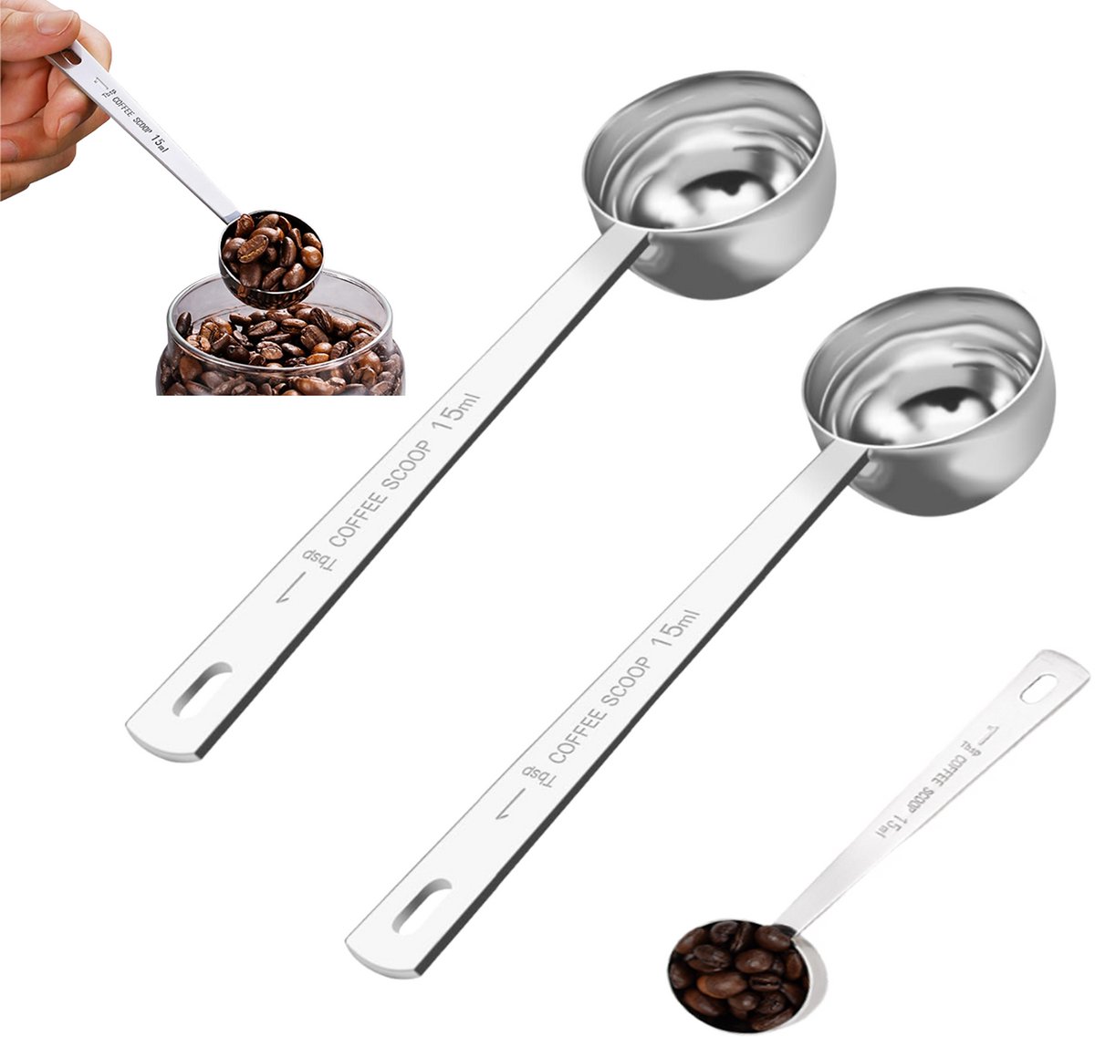2 stuks - Koffiemaatlepel - Koffielepel - Roestvrijstalen lepel - Koffiemaatlepel met lange steel - Maatlepel - 14,7 cm x 3,8 cm - 15 ml - Geschikt voor het opscheppen van koffie, theebladeren, suiker of bloem