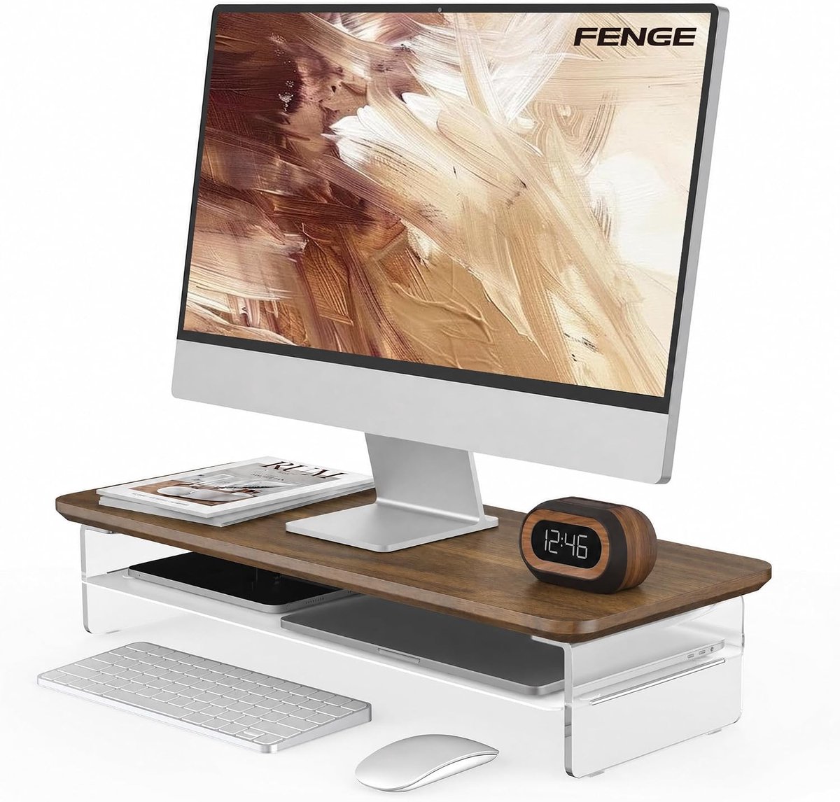 Monitor verhoger 60 cm – Monitorstandaard - Zwevend Design – Walnoot Bruin – Transparant Acryl & Metaal – Max 45 kg Draagvermogen – Bureau Organizer met Opbergvakken