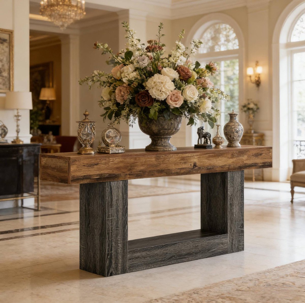 COVREO Sidetable 160x30x82 cm, grijs en rustiek bruin, MDF met onderplank
