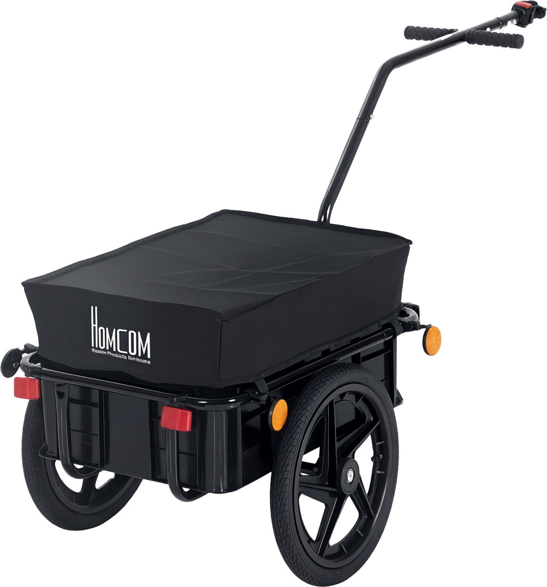 Fietskar tot 40 kg met koppeling en luchtbanden, zwarte fietsaanhanger 70 liter voor transport, fietsaanhangwagen met uitneembare bak