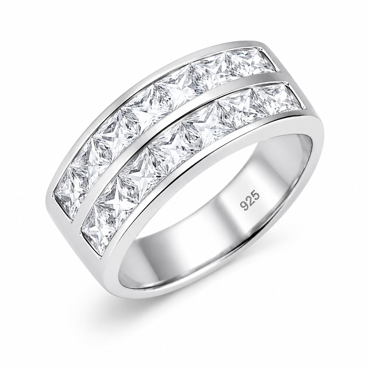 925 Zilveren Damesring met Zirkonia – 18 mm - Dubbele Rij Princess Geslepen Zirkonia – Brede Sterling Zilver Ring