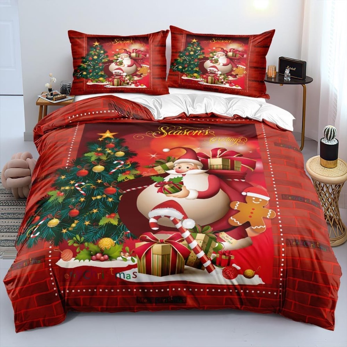 Dekbedovertrek 155 x 220 cm - Rode Groene 3D Kerst Motief - 3 Delig met Rits - Perfect voor Kinderen - ShopVlot