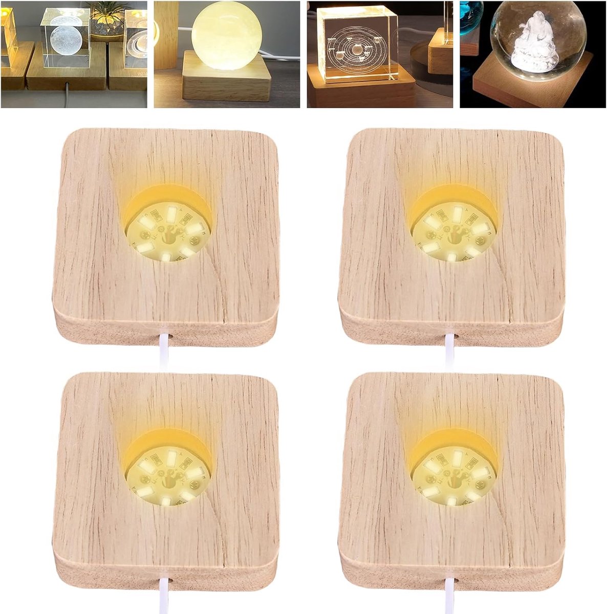 4 stuks houten led-sokkels: houten lichtsokkel met USB-schakelaarkabel, led-lichtsokkel 3 kleuren instelbaar, verlichte displaystandaard vierkant voor kristallen bollen, glas, sieraden, acryl