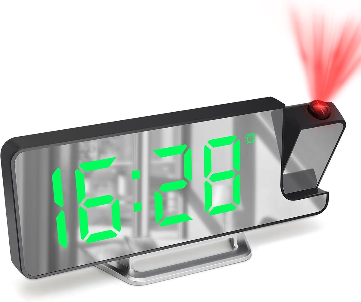 Projectiewekker, projectieklok met LED-scherm, projectieklok met temperatuur, sluimerfunctie, instelbare helderheid, 12/24 uur weergave, digitale wekker met plafondprojectie, groene cijfers