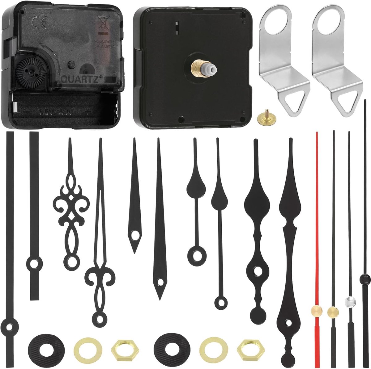 25 stuks 16 mm/0,63 inch stille kwartsklok mechaniek kit - 11 uurwerk reparatieonderdelen & 14 wijzers vervanging, doe-het-zelf wandklok reparatie