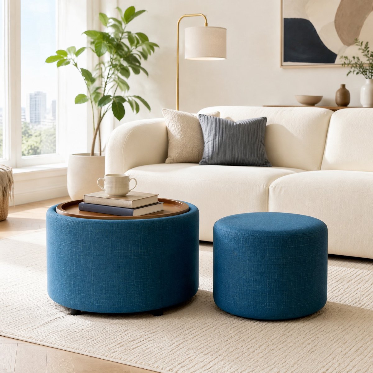 Hocker 2-delige Nesthocker Met Opbergruimte 58 cm Linnen Blauw Voetenbank En Bijzettafel