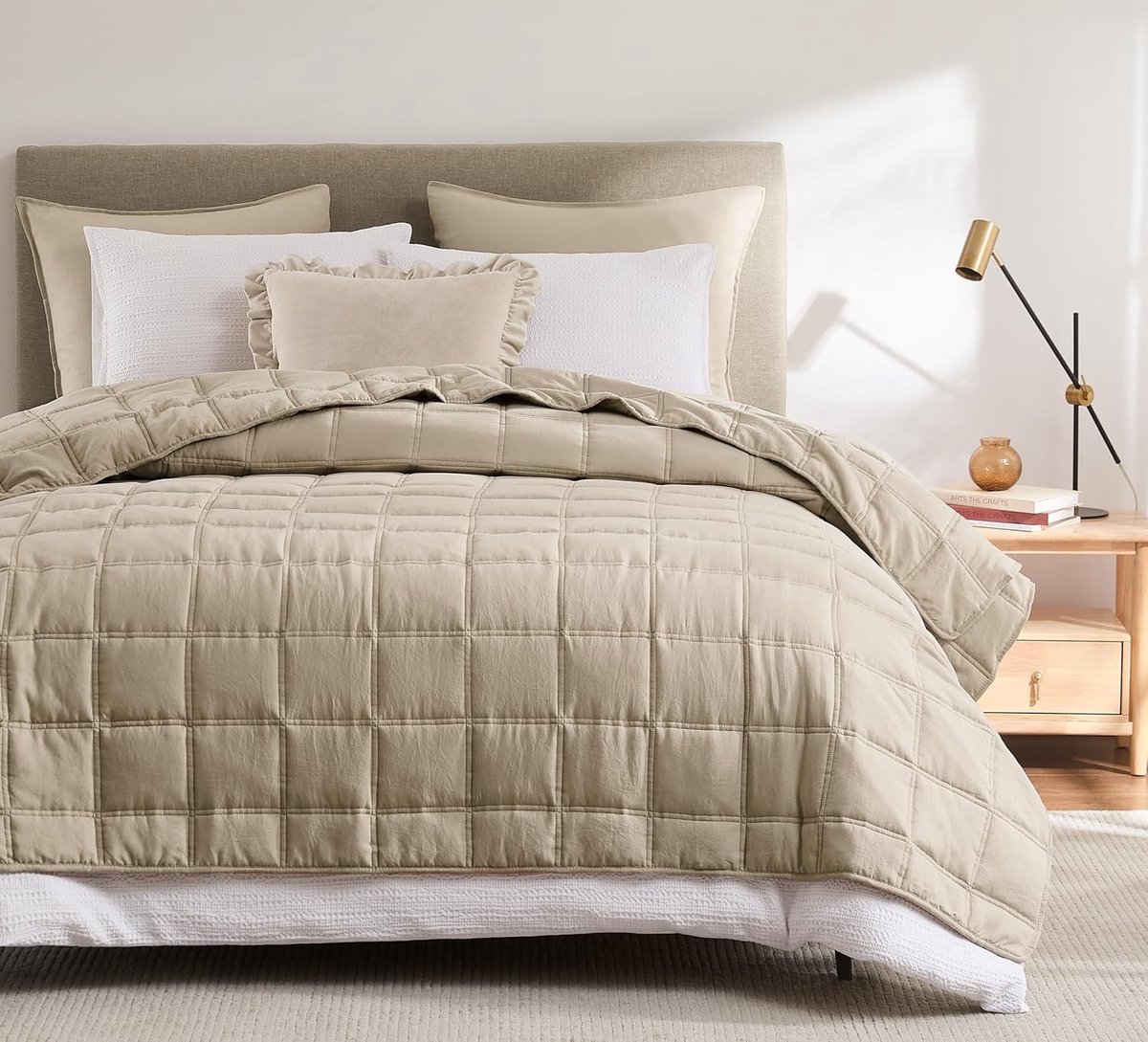 Sprei - Zacht Geruit Microvezel Oeko-TEX Gecertificeerd - Voor Bed en Bank Lente Zomer - Beige 200x220 cm (zonder kussensloop)