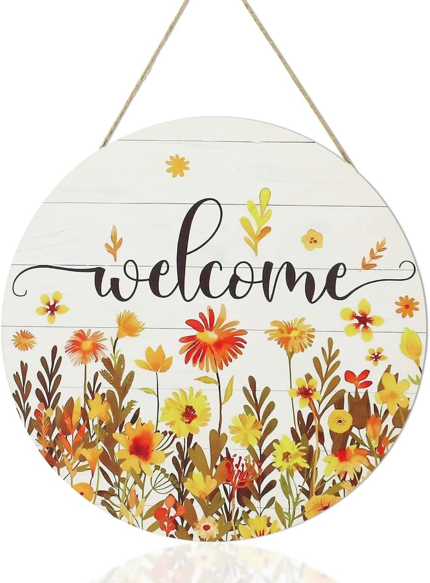 Herfst bloemen welkomstbord voor voordeur decor, gele bloem welkom deurbord, seizoensgebonden houten deurhangers, boerderijkrans hangende borden decoratie voor veranda tuin