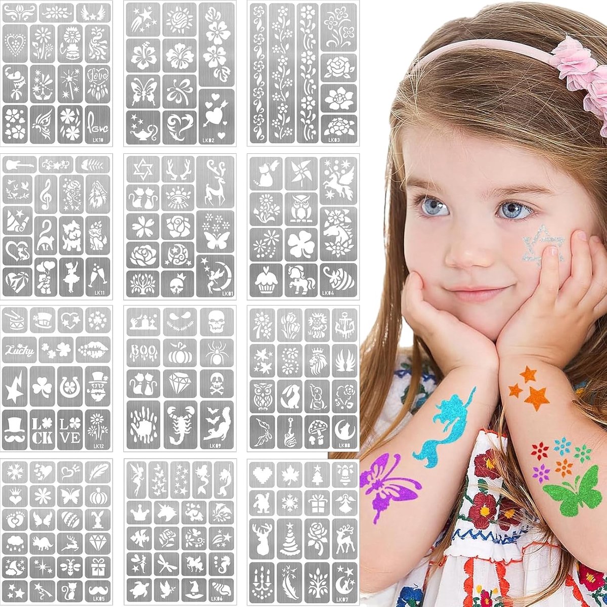 Tijdelijke tattoo-sjablonen, set met sjablonen voor gezichts- en lichaamsbeschildering, glitter tattoo-sjablonen voor kinderen, school, verjaardagen, Halloween, Kerstmis, feestdecoratie