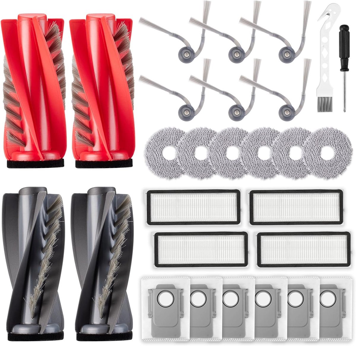 28-delige accessoireset voor Roborock Qrevo Curv/Qrevo Edge robotstofzuiger, reserveaccessoires, 4 hoofdborstel, 6 stofzakken, 6 dweilpads, 4 filters, 6 zijborstels, 1 reinigingsborstel, 1