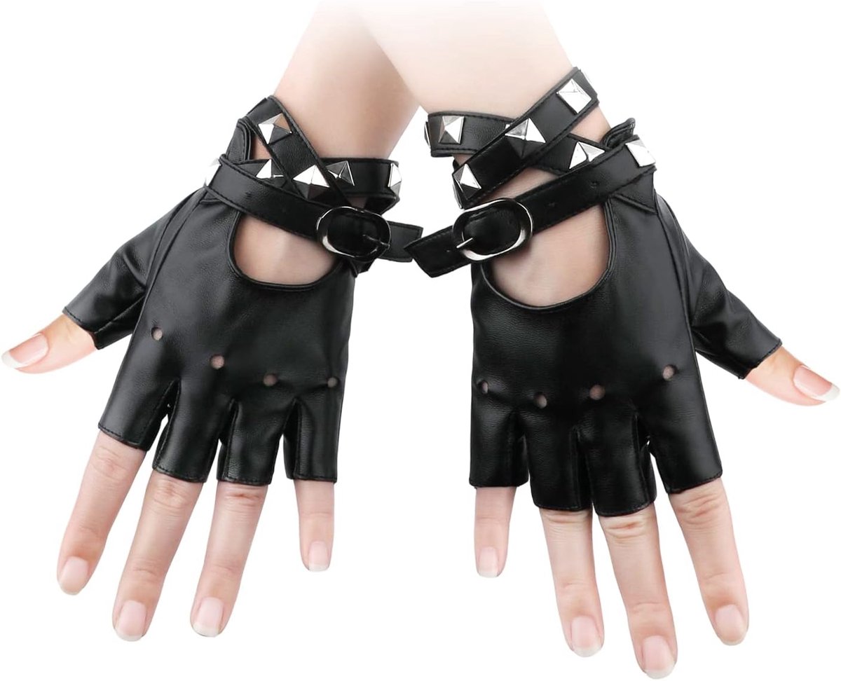 Handschoenen Leer Palm, PU Zacht Punk Handschoenen Vingerloze Handschoenen Leer Cosplay Zwarte Rocker Kostuum Accessoires met Spike-Armband voor Halloween Vrouw Tieners