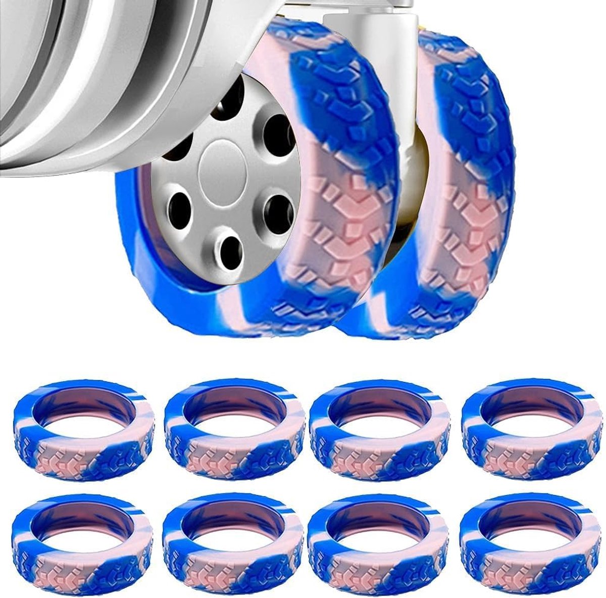 Set van 8 siliconen wielbeschermhoezen voor bagage, kofferwielbescherming, dempend, antislip, waterdicht, voor bureaustoelen en de meeste 8-spinner-wielen, zwart, blauw gemengd roze, Blau