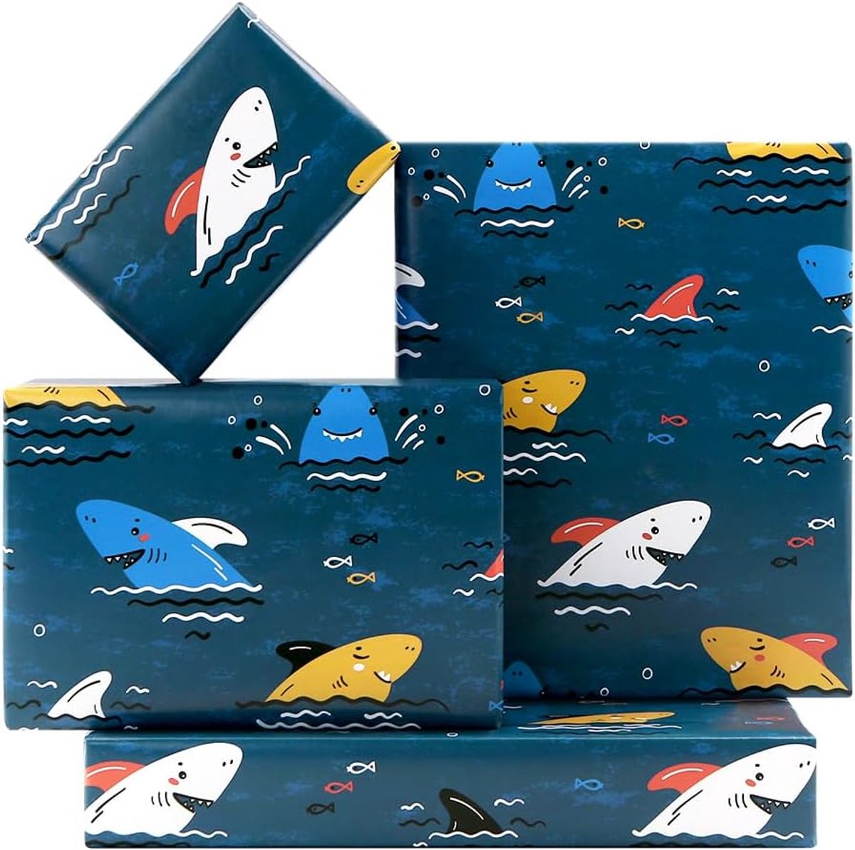 inpakpapier, haaien van kleuren springen uit de blauwe oceaanprint geschenkpapier, 4 vellen plat gevouwen onder de zee inpakpapier voor verjaardag, feest, vakantie, babyshower verpakking