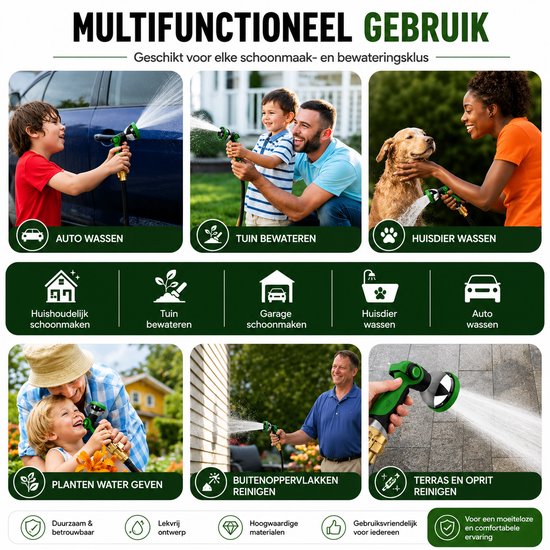 Multifunctioneel gebruik van de tuinslang: auto wassen, tuin water geven en huisdieren wassen.