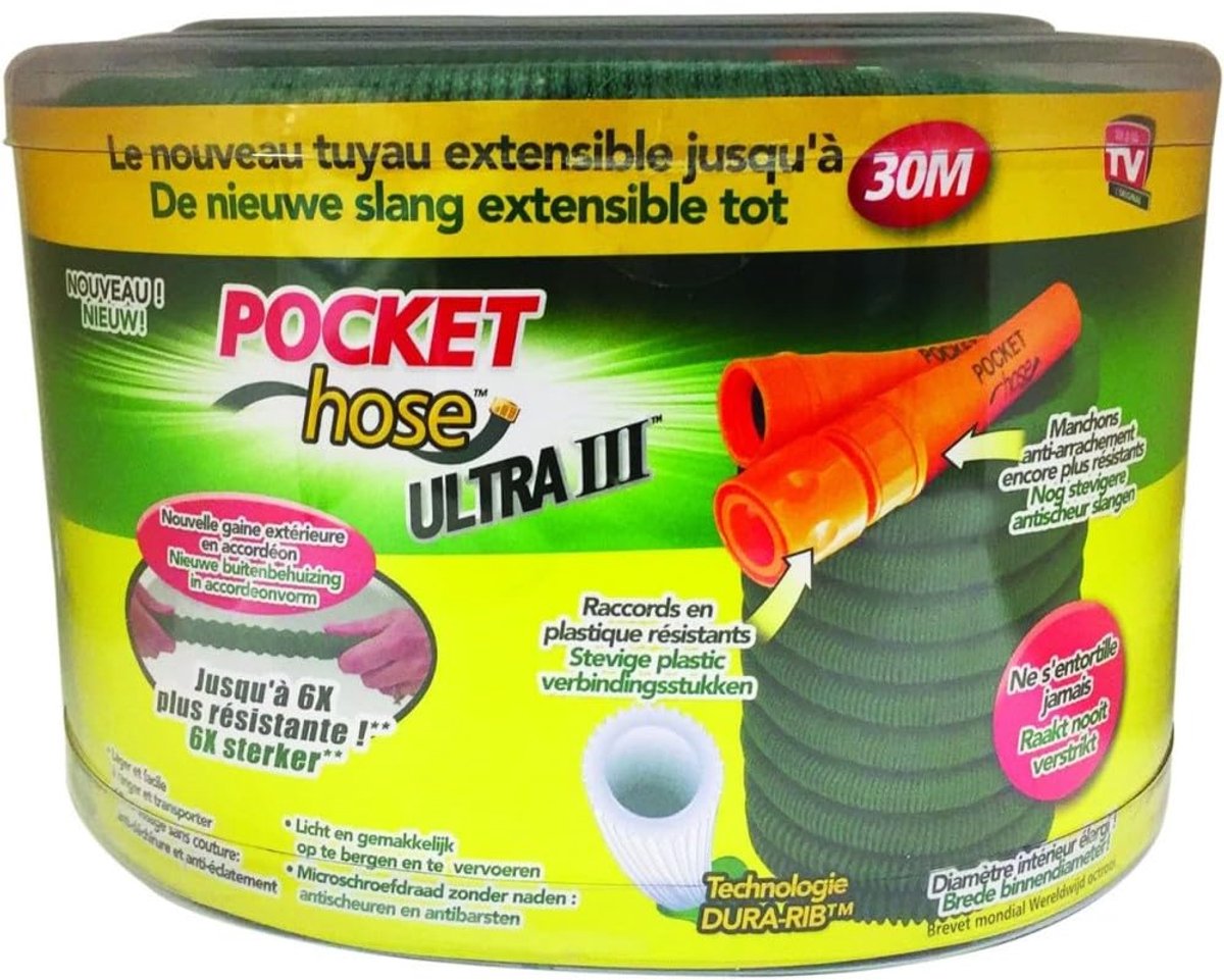 SnelShoppen - Pocket Ultra 3 Tuinslang, Uittrekbaar, 30 Meter, Groen, Ideaal voor Tuinonderhoud, Balkon, Camping, Water geven, Compact en Lichtgewicht