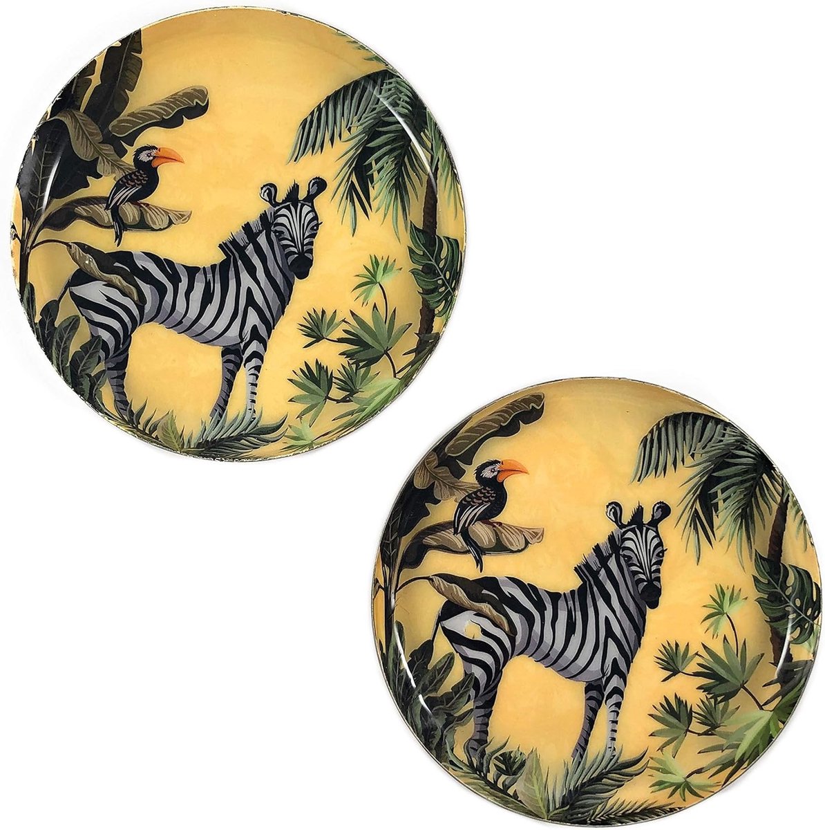 SnelShoppen - Set van 2 metalen decoratieve borden, decoratieve schaal, kaarsenbord, 12,5 cm, matte gouden onderkant, jungle motief (beige - zebra)