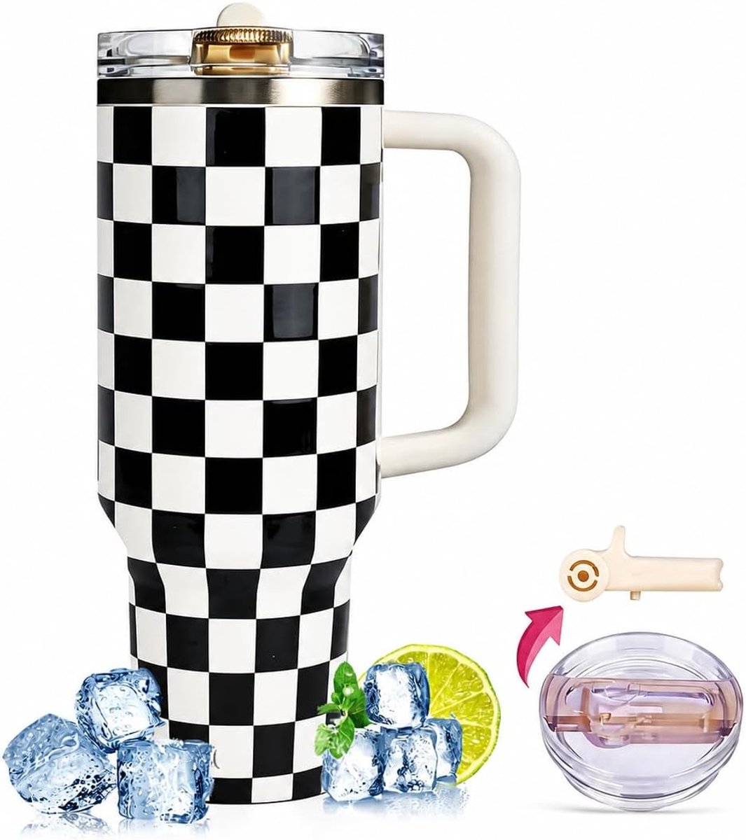 SnelShoppen - Flip Straw Tumbler met Rietje, Handvat en Deksel, RVS Drinkbeker voor Koud en Warm, Makkelijk mee te nemen (Checkerboard, 40oz)