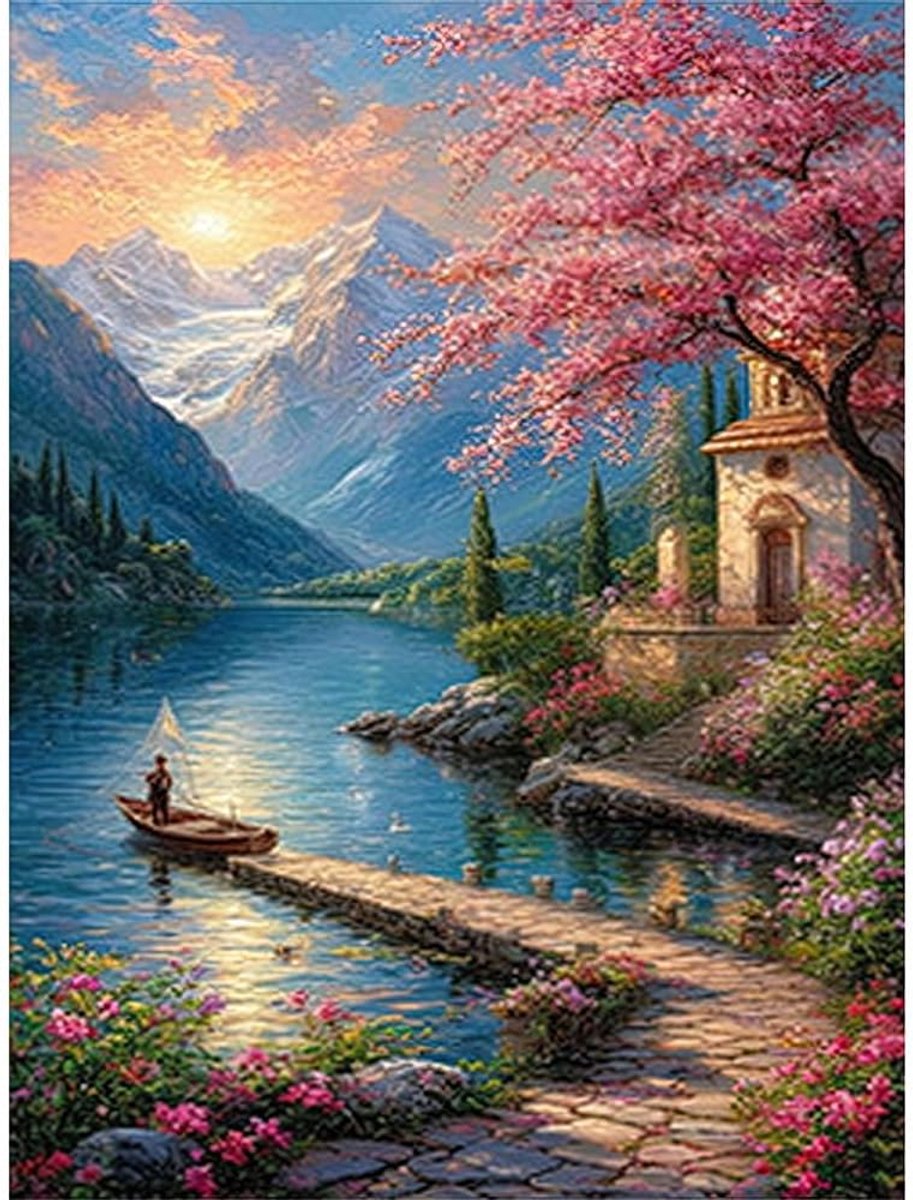 5D Diamond Painting meer, landschap, diamond painting, complete set, volwassenen, doe-het-zelf glas, diamant, schilderij voor muur, huis, 30 x 40 cm