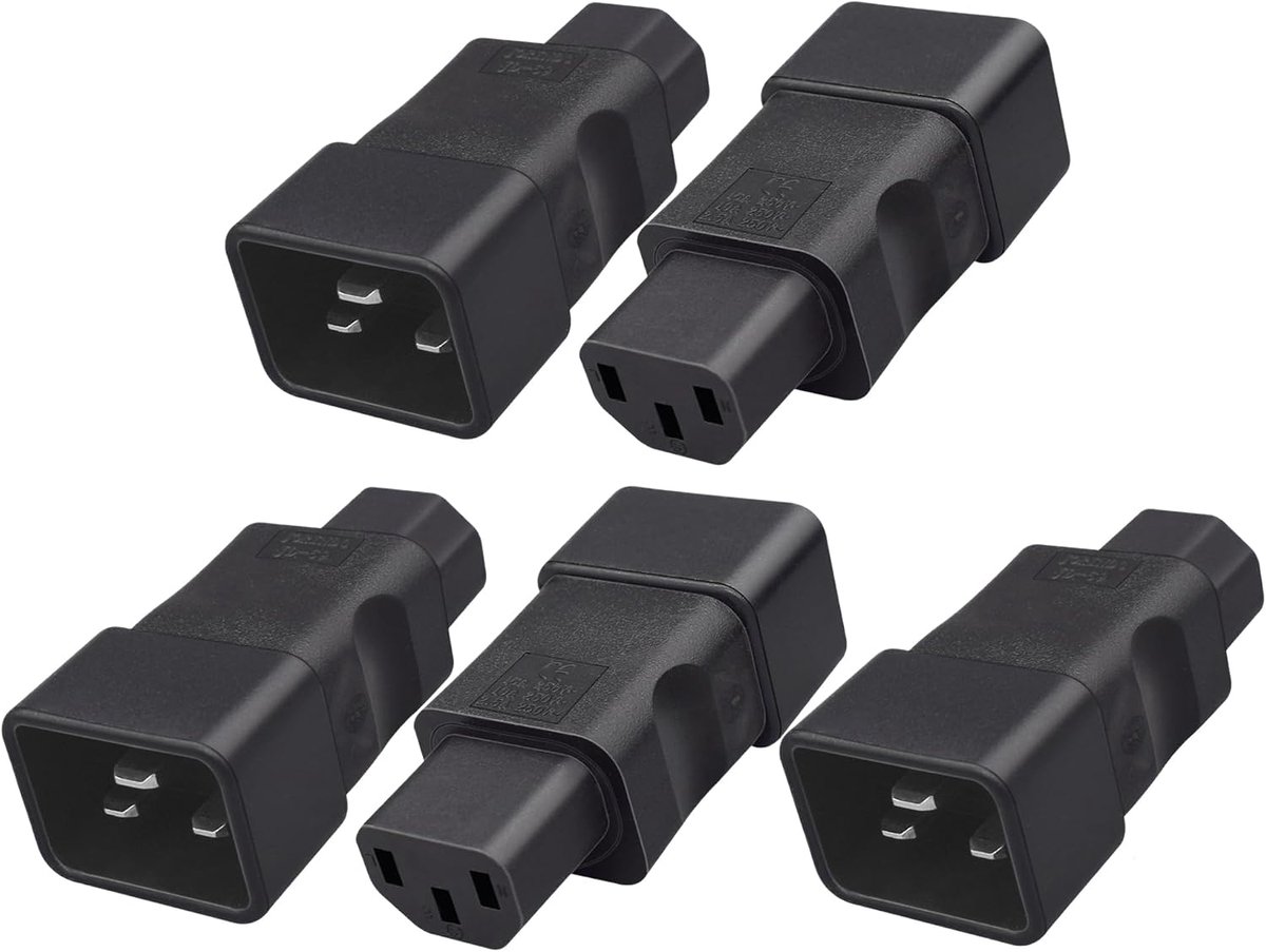 5 stuks IEC 320 C20 stekker naar C13 bus stroomadapter, 16 A naar 10 A 250 V AC converterstekker voor PDU, USV, server, computer en monitor, zwart