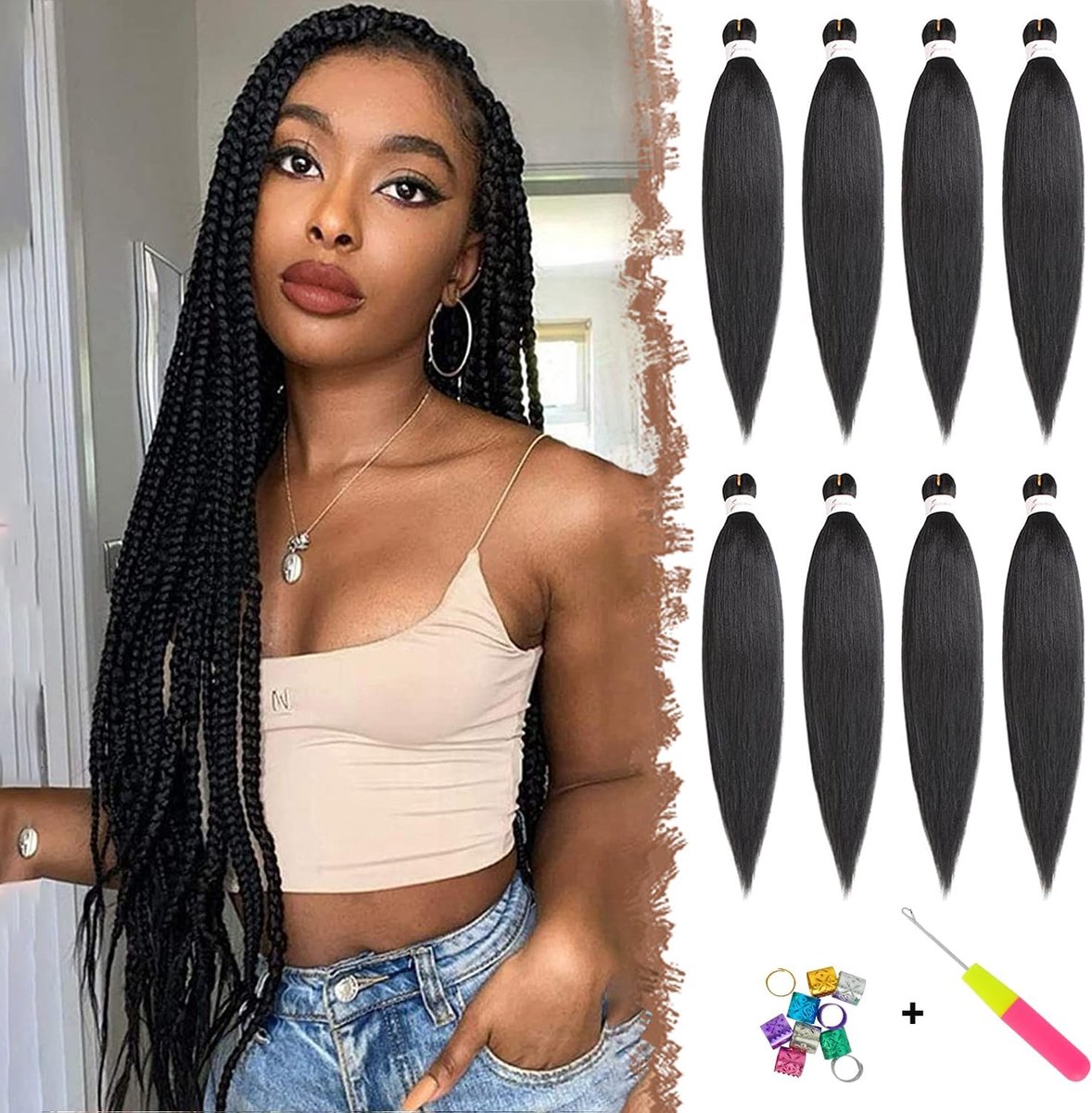 Pre-stretched extension hair voor vlechten 66 cm 8 stuks Pre-uitgerekt vlechten hair extensions Yaki textuur Synthetische hair extensions EZ Braiding Hair extensions