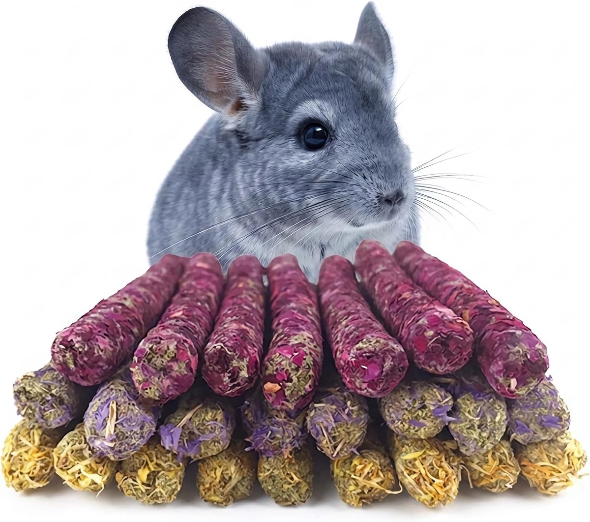 Speelgoed, 150 g, Timothy Sticks, roos, goudsbloem, vergeet mij niet | Rozen, calendula en vergeet meinnicht-mix in geperste Timothy-hooi, 150 g voor knaaginstinct en rust in de kooi