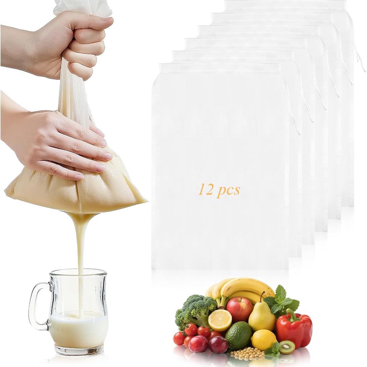 12 stuks filterzakken voor levensmiddelen, 20 x 30 cm, zak van nylonweefsel, herbruikbaar en wasbaar, zeef voor notenmelk, kaas, vruchtensap, koffie, groentesap