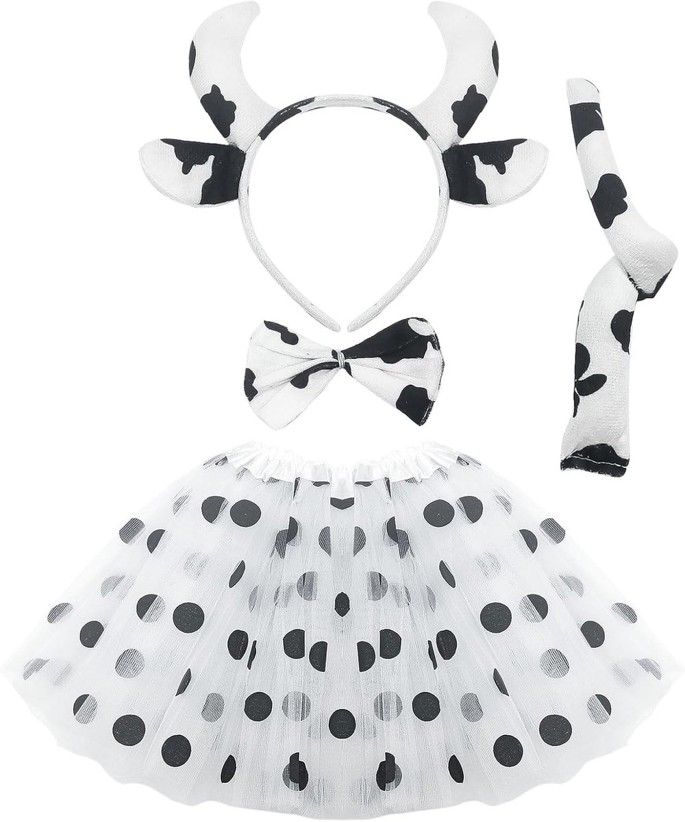 Dierenkostuum voor kinderen, koeien-cosplay-set, carnavalskostuum voor kinderen, dieren, dierenoren, hoofdband + vlinderdas + staart + tutu, Halloween-kostuum, carnavalskostuums, accessoires