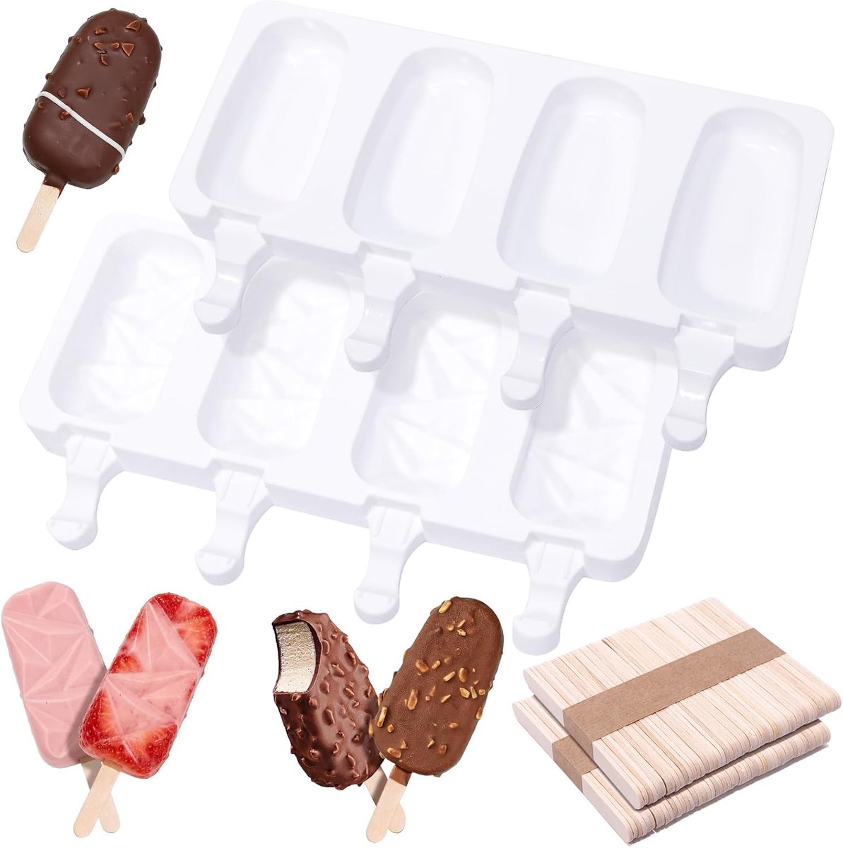 ijslolly, siliconen ijsvormen, 8 popsicle ijslollyvormen met 100 houten stokjes, BPA-vrije ijslollyvormen, cake ijslolly bakvorm, zelf maken dessertvorm voor kinderen en volwassenen