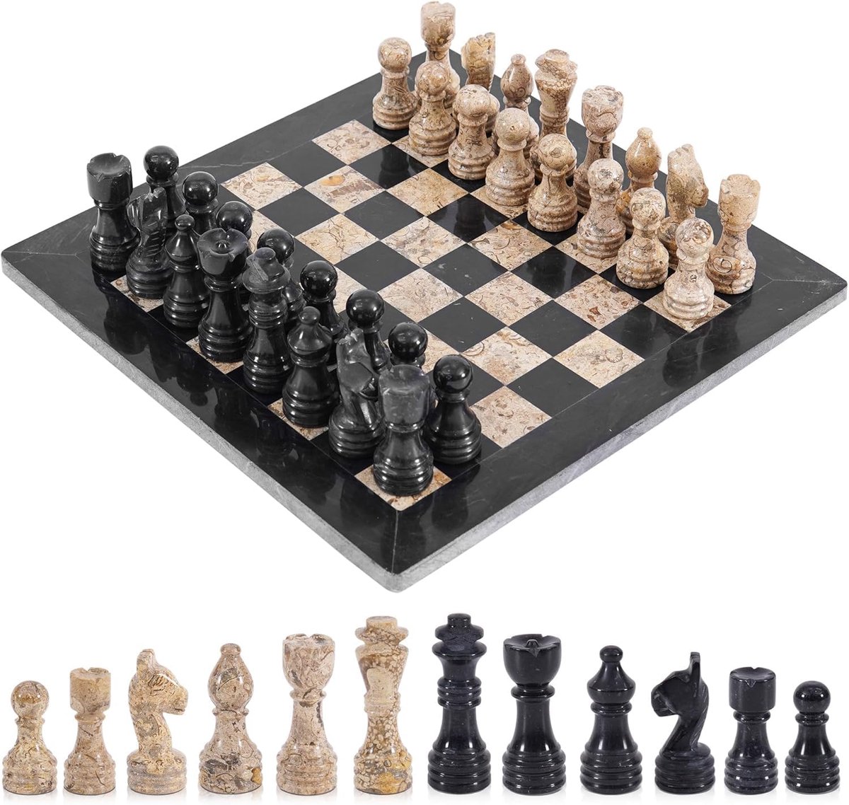 Marmeren schaakset, 30,5 cm, zwart en koraal, handgemaakt, 1 bord en 32 stuks, bordspel voor 2 spelers voor volwassenen