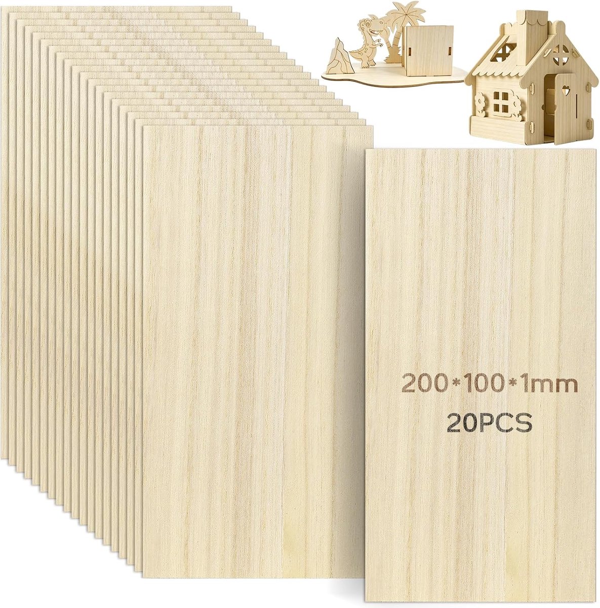 20 stuks houten patroonplanken, 200 x 100 x 1 mm, dunne houten platen, paulownia-houten plank, multiplex, knutselhout voor modelbouw, architectuur, vliegtuigen, scheepsmodellen en