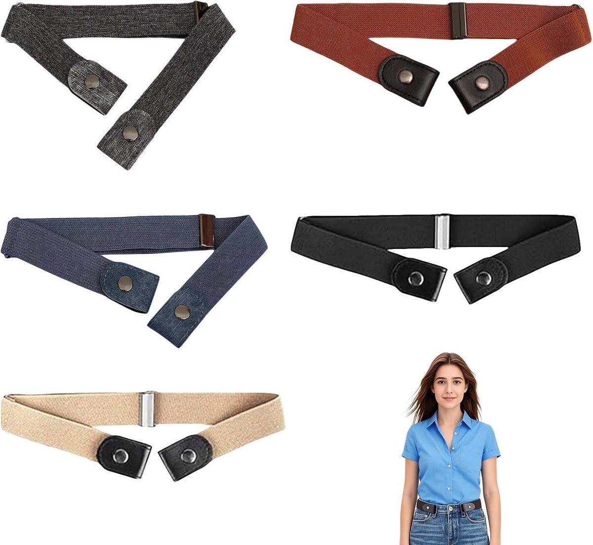 kinderriem elastisch verstelbaar zonder gesp – set van 5 kleuren – unisex tailleband 50-140 cm – comfortabele riem voor jeans, rokken, jurken, dagelijks gebruik