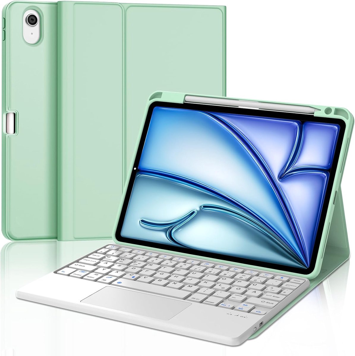 Toetsenbord voor iPad Air 11 2025 M3/2024 M2 met Touchpad, beschermhoes met penhouder, hoes met Bluetooth magnetisch QWERTZ toetsenbord voor iPad Air 7e/6e generatie 11 inch M3/M2, groen