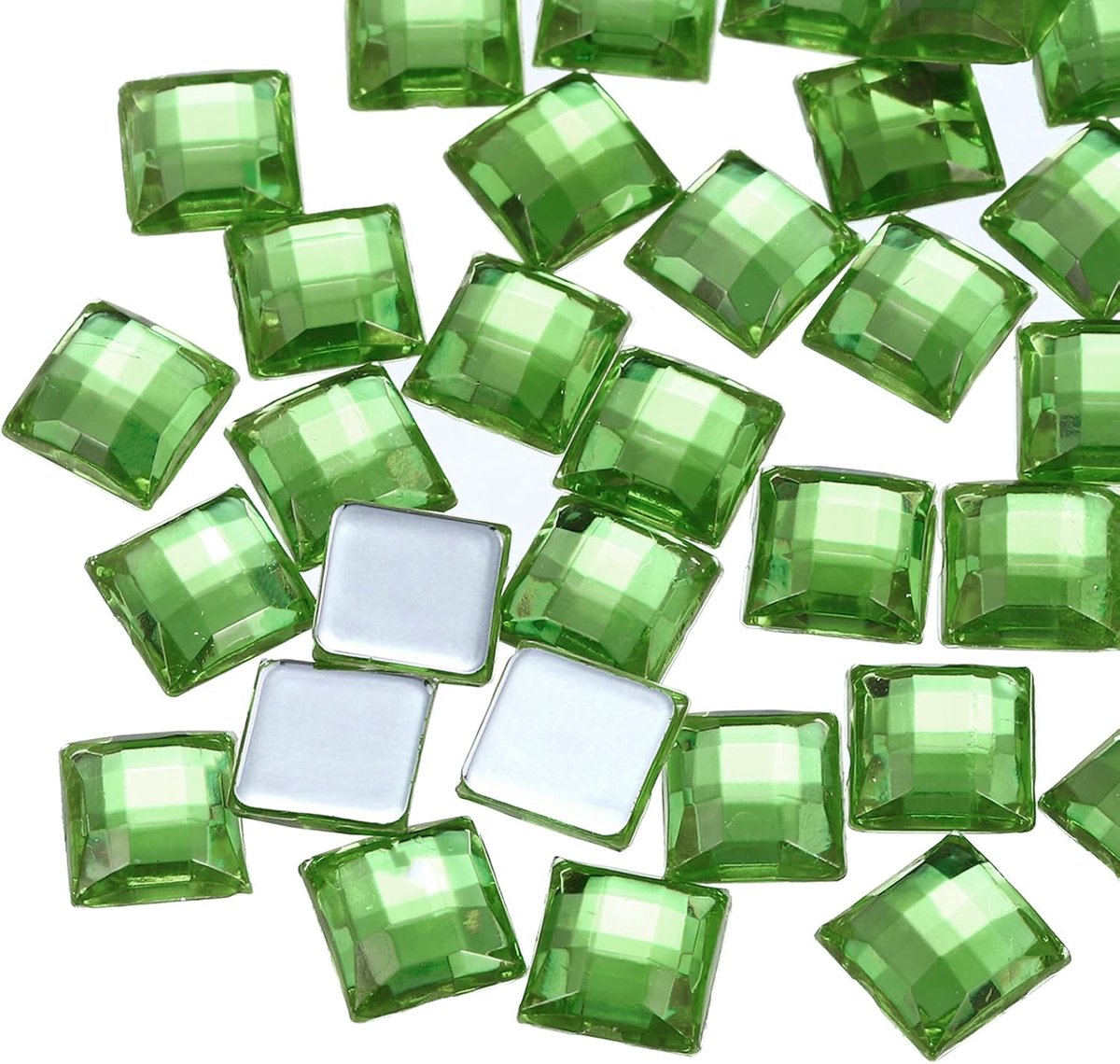 100 stuks acryl platte rugstenen, 8 mm, vierkant, kunstedelstenen, glitterstenen voor knutselen, gezichtsbeschildering, kostuumsieraden, bleekgroen