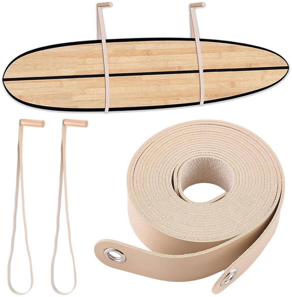 Omgoods - Wandhouder van PU-leer voor Surfplank met Houten Riem en Pluggen