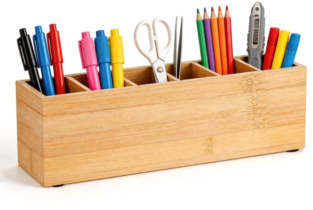 Omgoods - Pennenhouder voor Kinderen - Houten Bureau Organizer met 6 Vakken