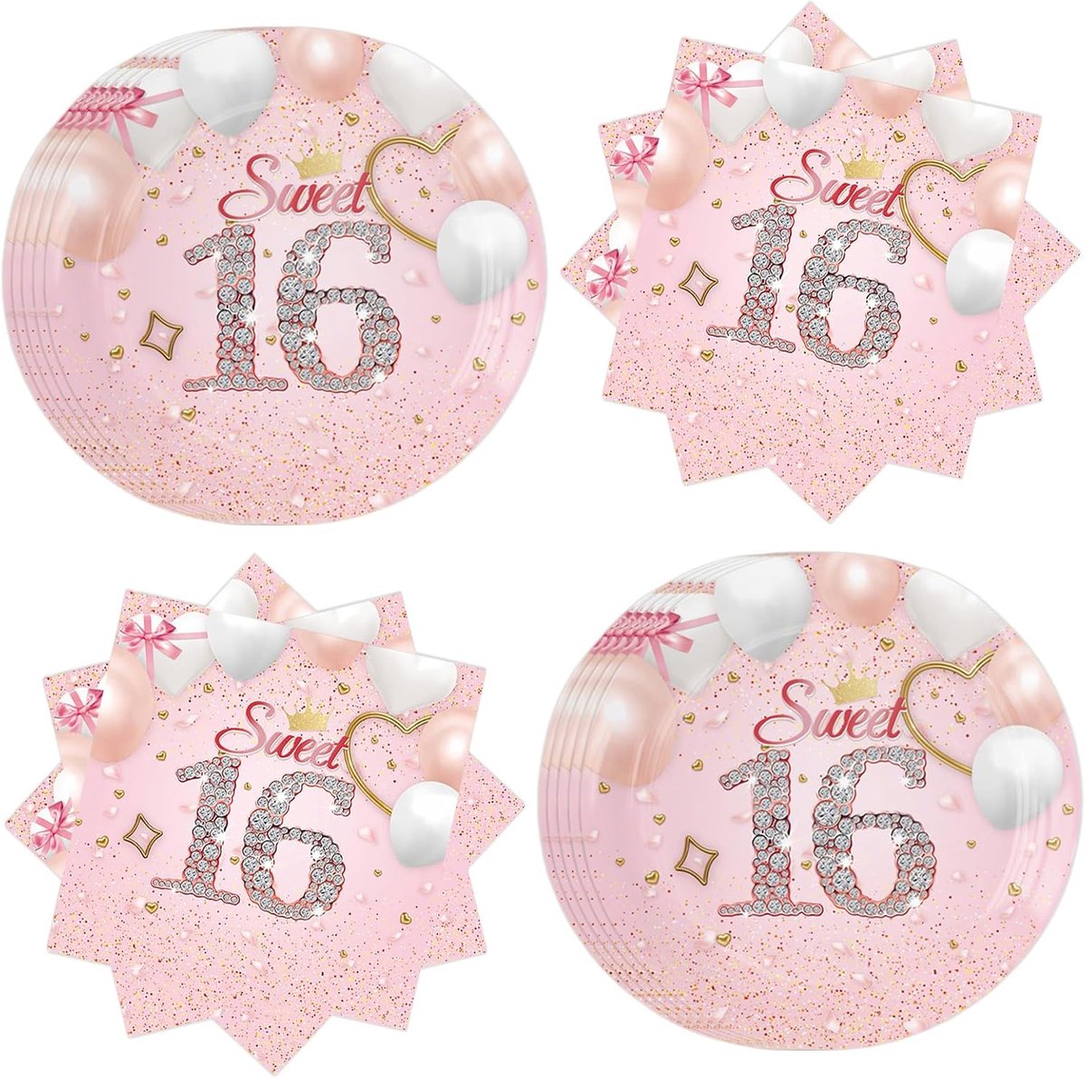 16e verjaardag meisjes feestservies, Sweet 16 verjaardag deco servetten, kartonnen borden, kartonnen servies set voor kinderfeest voor 20 personen