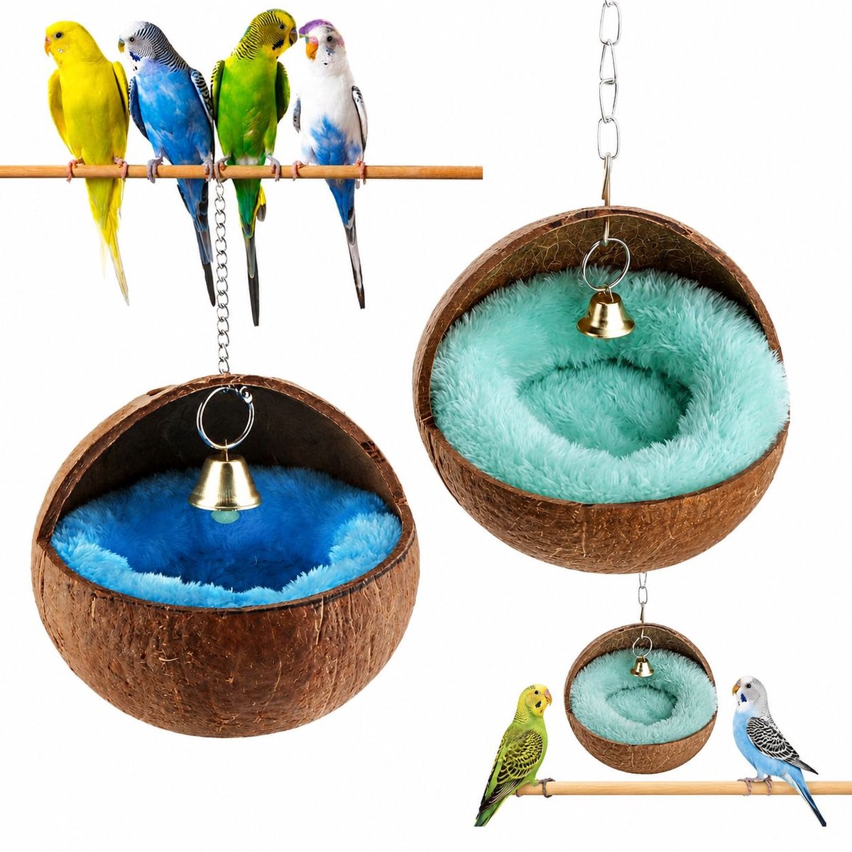 VHV - Kokosnoot vogelhuisje set van 2 - Natuurlijk broednest met warmtekussen en bel - Diameter circa 12 cm - Voor parkieten