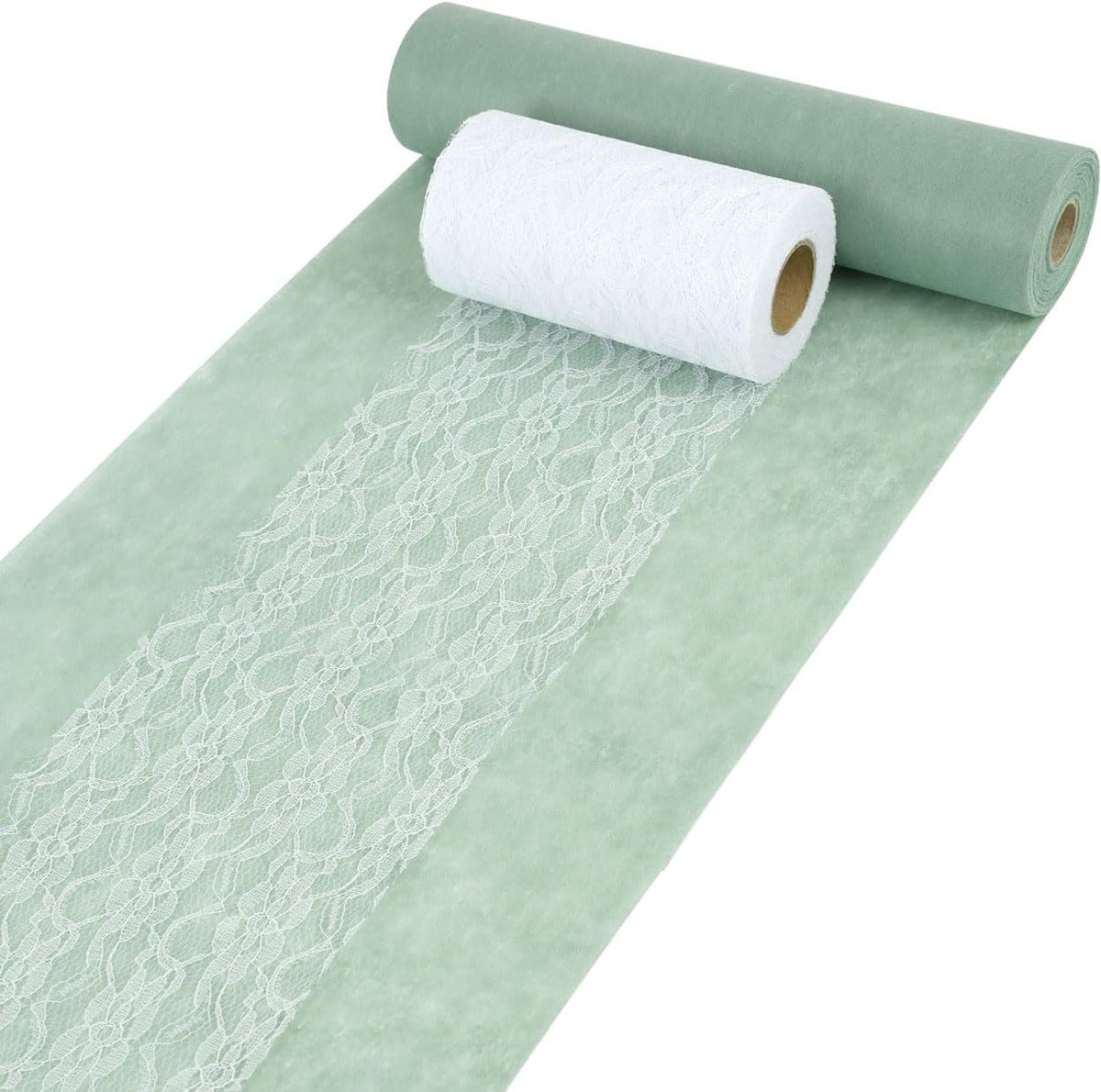 Tafelloper van Vliesstof, Saliegroen en Wit, 30 cm x 25 m, 15 cm x 22 m | Eucalyptus Groene Tafelloper, Kanten Tafellopers, Tafeldecoratie voor Verjaardagen, Bruiloften, Communies