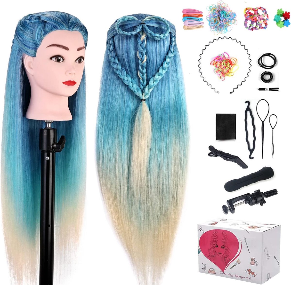 Kaphoofd, 75cm/29,5 inch poppenhoofd voor het kappen van lang haar, 100% synthetisch haar trainingskop, oefenhoofd friseur met vlechthulp & houder, lichtblauw + beige