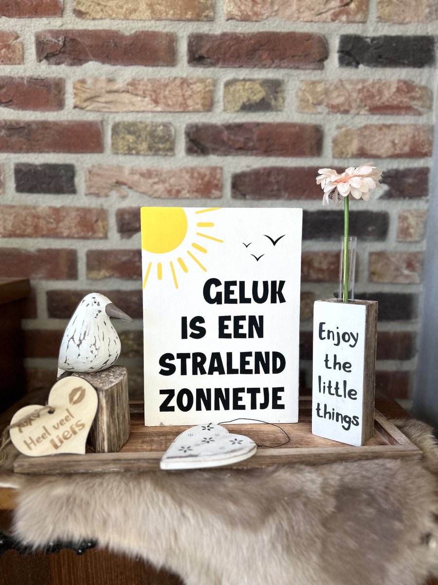 Creaties van hier – Cadeau pakket Geluk - 16x39cm - dienblaadje bruin - vogel op stam - tekstblok - hart hangend - blok met reageerbuisje en bloem - met houten hartje -