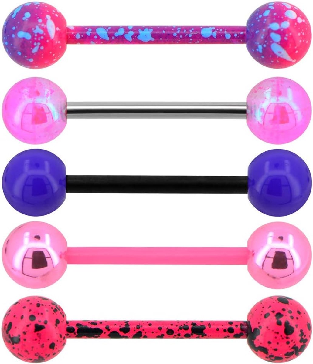 5 stuks 14G 316L roestvrij staal roze paars acryl ballen tong bars splatter bar tongpiercing
